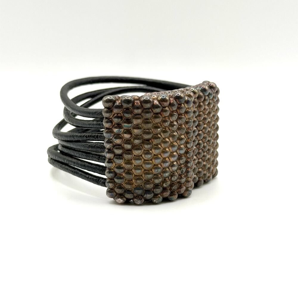 Vintage 90s Stamped Israel Sterling Silver Black Cord Leather Cuff Bracelet